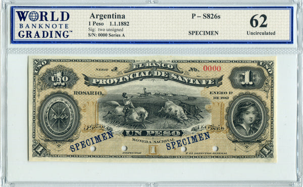 Argentina Pick S826s Specimen 1 Peso 1882, WBG 62 Uncirculated