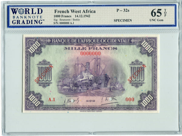 French West Africa Pick 32s Specimen 1,000 Francs 1942, WBG 65 TOP Uncirculated Gem