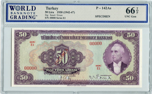 Turkey Pick 142As Specimen 50 Lira 1930 (1942-47) Bow Tie, WBG 66 TOP Uncirculated Gem