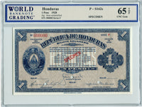 Honduras Pick S162s Specimen 1 Peso 1928, WBG 65 TOP Uncirculated Gem