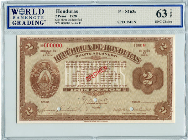 Honduras Pick S163s Specimen 2 Pesos 1928, WBG 63 TOP Uncirculated Choice