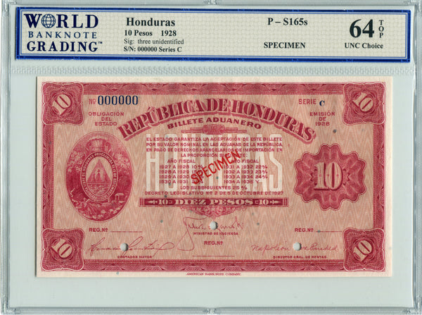 Honduras Pick 165s Specimen 10 Pesos 1928, WBG 64 TOP Uncirculated Choice