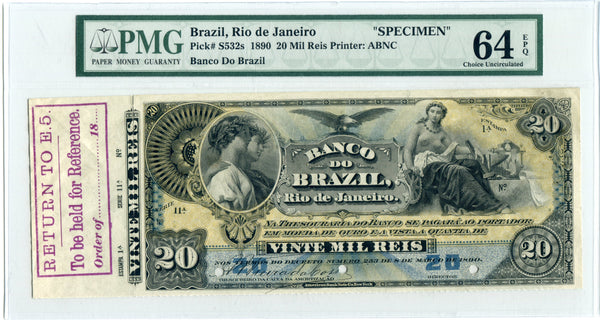 Brazil Pick S532 Specimen 20 Mil Reis 1890, PMG Choice Uncirculated  64 EPQ