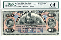 Costa Rica Pick S227 Specimen 100 Pesos, Series A, 1886-89, PMG Choice Uncirculated 64