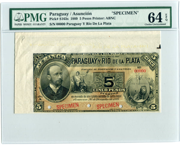 Paraguay Pick S163 Specimen 5 Pesos 1889, PMG Choice Uncirculated 64 EPQ
