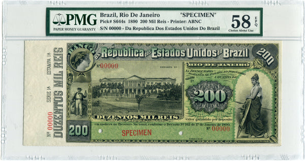 Brazil Pick S644 Specimen 200 Mil Reis 1890, PMG Choice About Uncirculated  58 EPQ