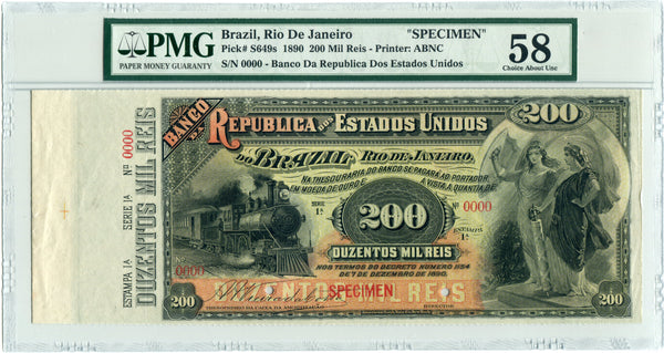 Brazil Pick S649 Specimen 200 Mil Reis 1890, PMG Choice About Uncirculated 58