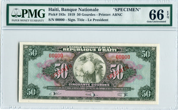 Haiti Pick 183s (188s) Specimen 50 Gourdes 1919 (6th Issue), PMG Gem Uncirculated 66 EPQ