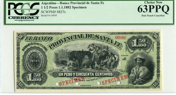 Argentina Pick S827 Specimen 1 1/2 Pesos 1882, PCGS Choice New 63 PPQ