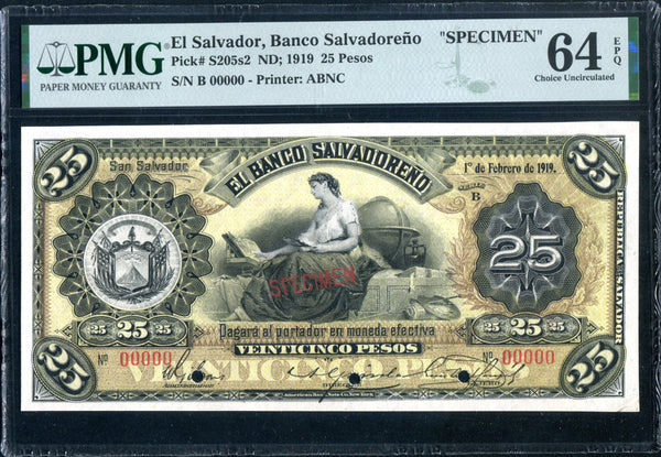 El Salvador Pick S205s2 Specimen 25 Pesos 1919, PMG Choice Uncirculated 64 EPQ