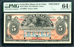 Costa Rica Pick S223 Specimen 5 Pesos 1887, PMG Choice Uncirculated 64 EPQ