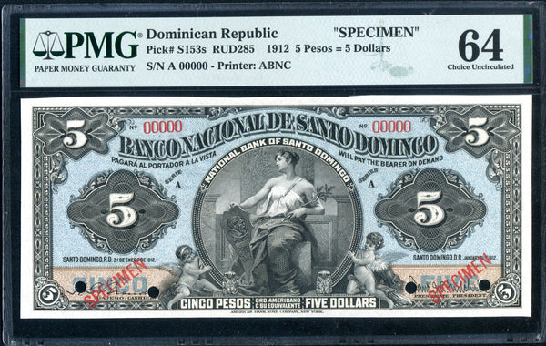 Dominican Republic Pick S153 Specimen $5 / 5 Pesos 1912, PMG Choice Uncirculated 64