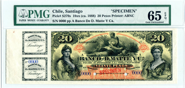 Chile Pick S279 Specimen 20 Pesos Circa 1888, PMG Gem Uncirculated 65 EPQ