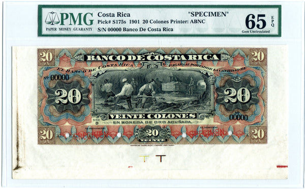 Costa Rica Pick S175 var Specimen 20 Colones 1901, Series D, PMG Gem Uncirculated 65 EPQ