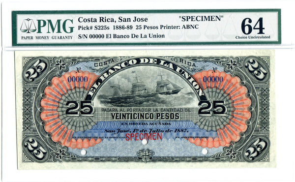 Costa Rica Pick S225 Specimen 25 Pesos 1887, PMG Choice Uncirculated 64