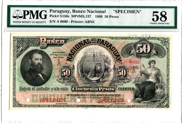 Paraguay Pick S150 (MP#MS.137) Specimen 50 Pesos 1886, PMG Choice About Uncirculated 58