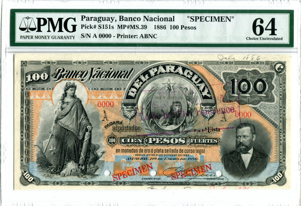 Paraguay Pick S151 (MP#MS.139) Specimen 100 Pesos 1886, PMG Choice Uncirculated 64