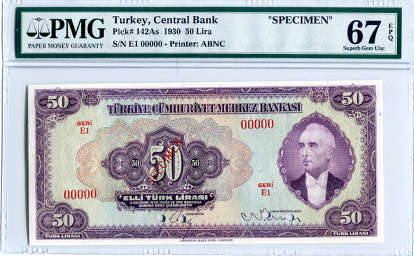 Turkey Pick 142A  Specimen 50 Lira 1930, PMG Superb Gem Uncirculated 67 EPQ